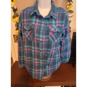 Rustic Ridge Fleece Lined Plaid Flannel Shirt Women's M Teal Purple Button Down